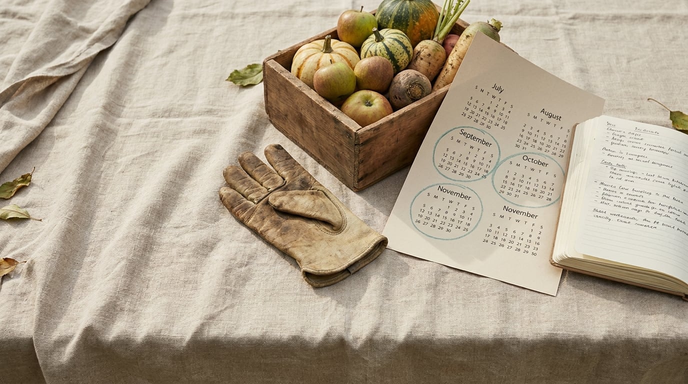 Harvest crate and payday envelope on a wooden table