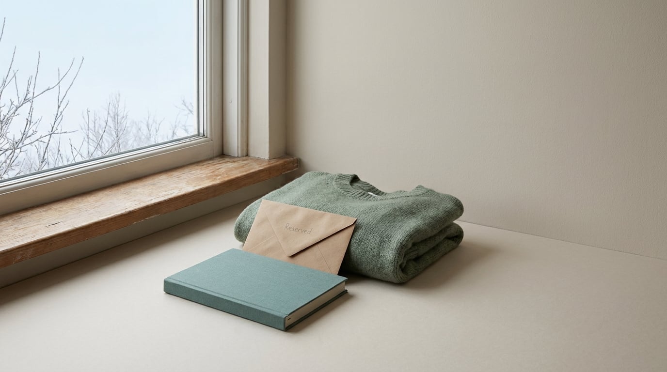 Reserved envelope, planner and sweater by a winter window